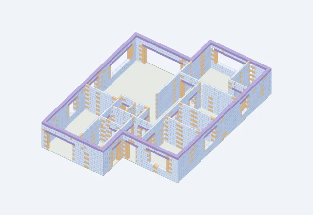 3D-схема первого этажа Z443: стены, перегородки и проёмы